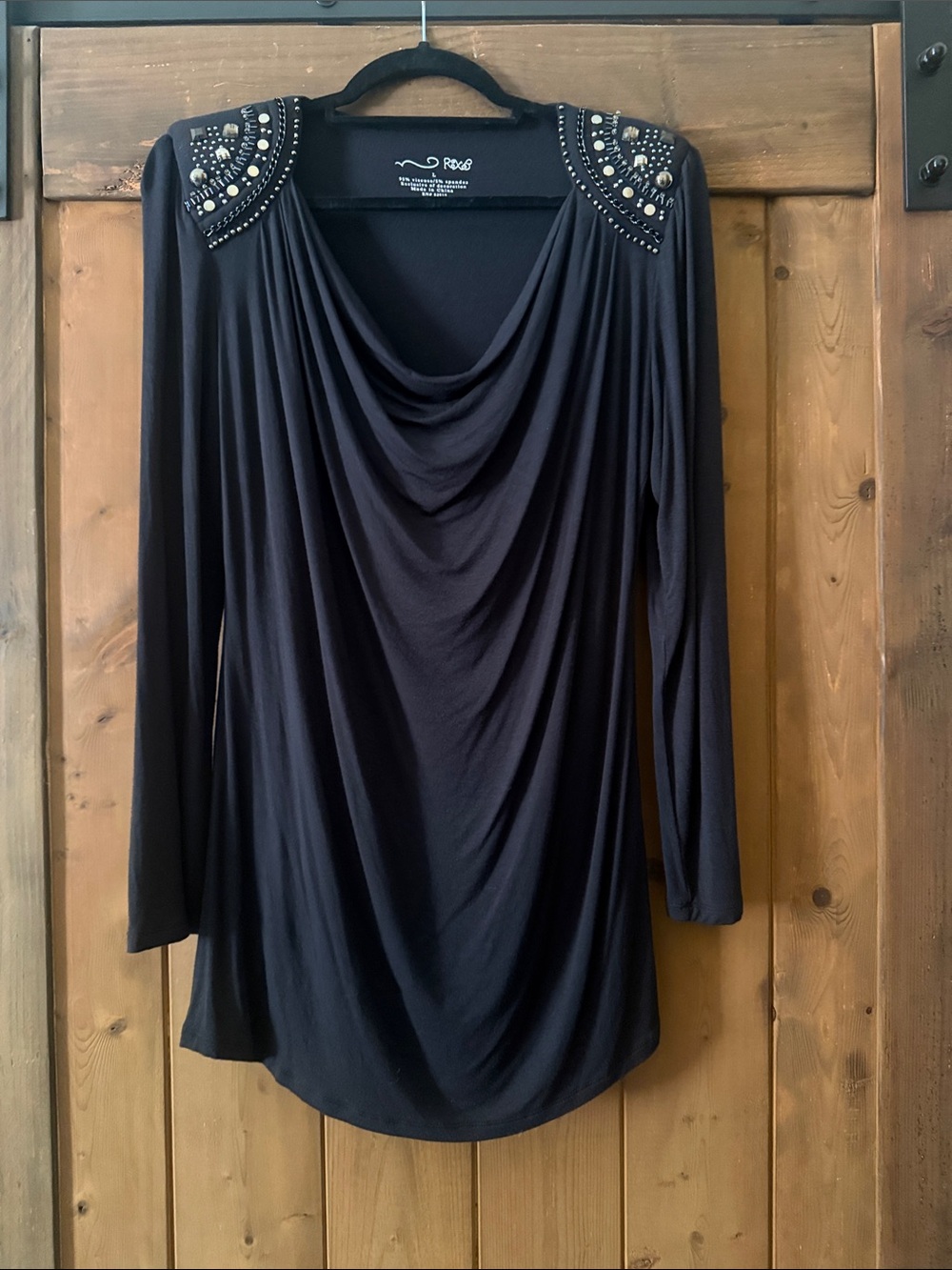R&M Richards Black Long-Sleeve Cowl Top with Beaded Shoulders